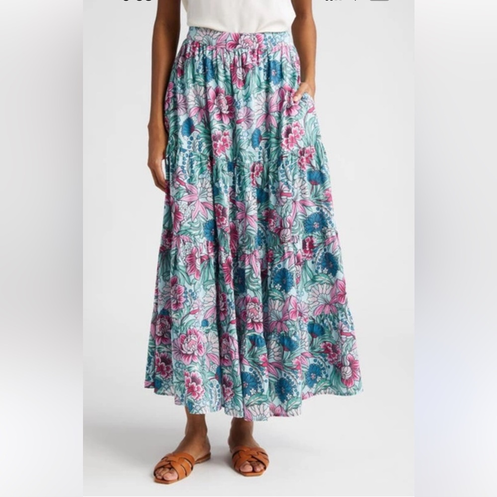NWT BANJANAN Agatha Floral Organic Cotton Tiered Skirt